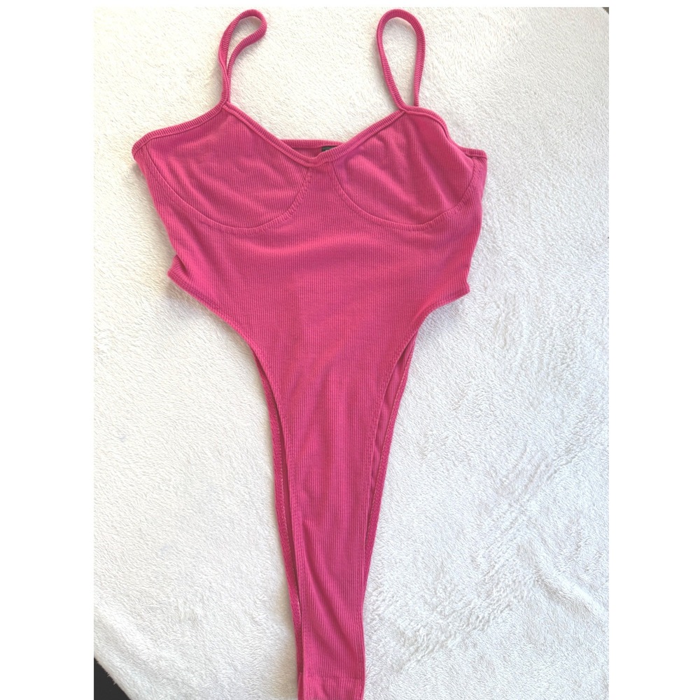 Bodysuit Womens Small Pink Ribbed Knit Bustier Style High Cut